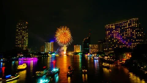 Firework on river, Bangkok Stock Photos