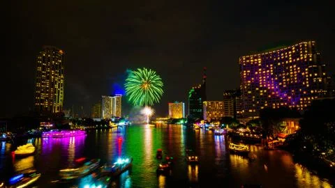 Firework on river, Bangkok Stock Photos