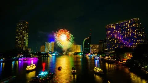 Firework on river, Bangkok Stock Photos