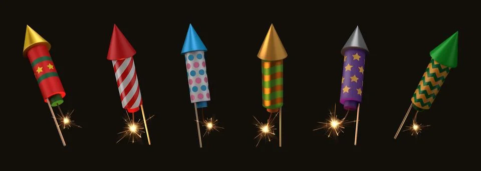 Firework rocket. 3D firecracker. Realistic celebrate fire cracker element. Fe Stock Illustration