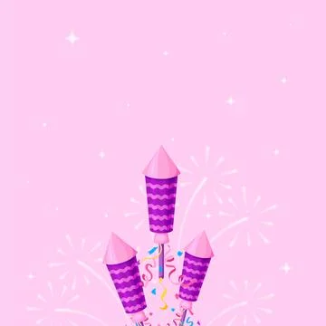 Firework rocket confetti star pink background flat Illustrazione stock