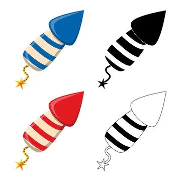 Firework rocket petard icon set. New year celebration symbol collection. Red, Stock Illustration