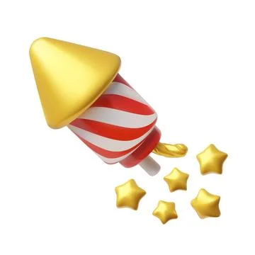 Firework rocket petard with stars 3D cartoon plastic style, vector volume Stock Illustration