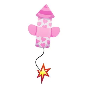 Firework rocket pink petard explosion with burning wick, vector cartoon Stock Illustration