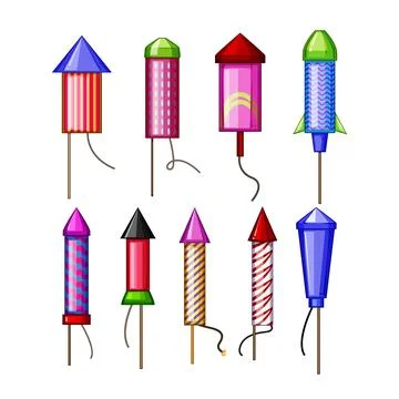 Firework rocket set cartoon vector illustration Stock Illustration