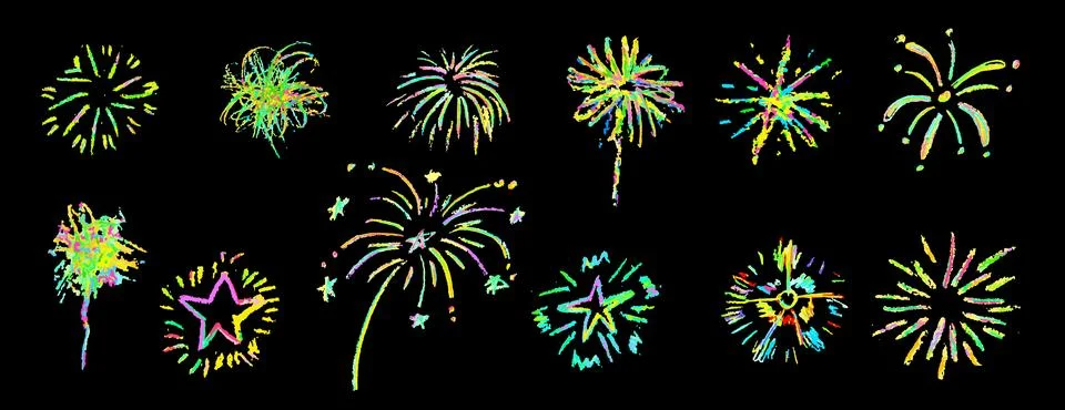 Firework set on black background. Crayon pencil drawing round geometric shapes Stock Illustration