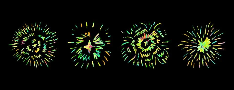 Firework set on black background. Crayon pencil drawing round geometric shapes Stock Illustration