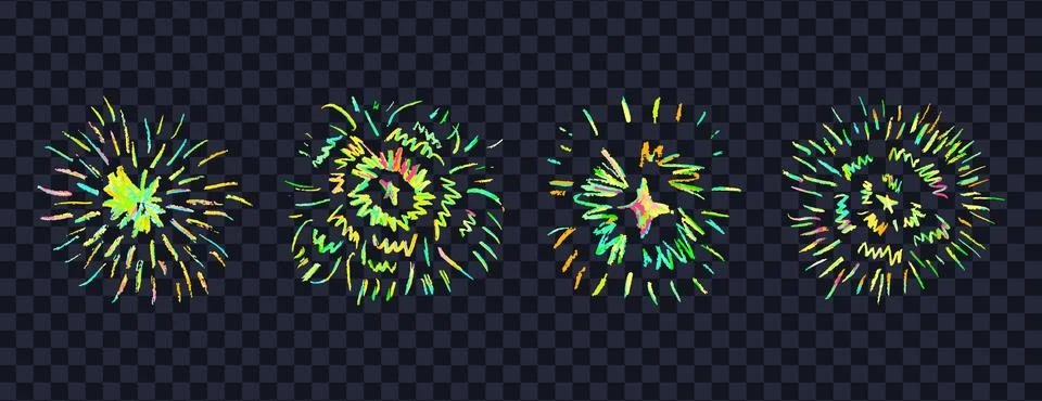 Firework set on black background. Crayon pencil drawing round geometric shapes Stock Illustration