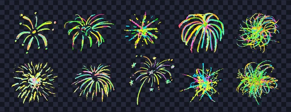 Firework set on black background. Crayon pencil drawing round geometric shape Stock Illustration