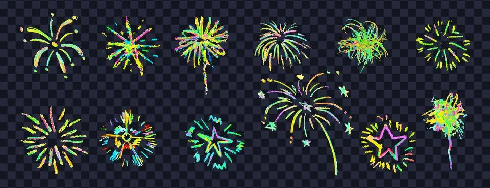 Firework set on black background. Crayon pencil drawing round geometric shapes Stock Illustration
