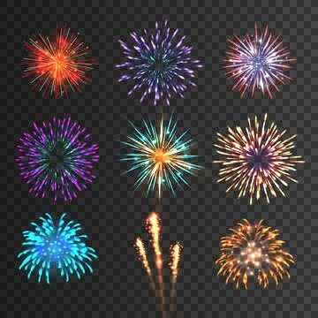 Firework set, fire cracker, sky festive firecracker. Night light effect bright Stock Illustration
