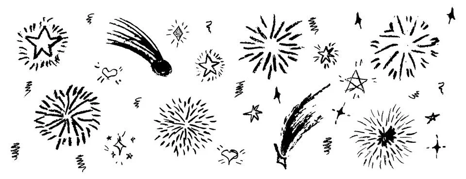 Firework set on white background. Crayon pencil drawing round geometric shapes Stock Illustration