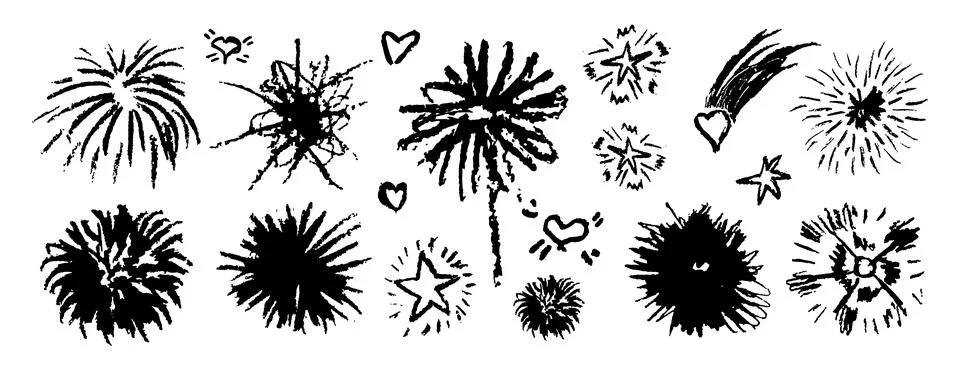 Firework set on white background. Crayon pencil drawing round geometric shapes Stock Illustration
