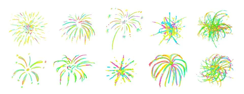 Firework set on white background. Crayon pencil drawing round geometric shapes Stock Illustration