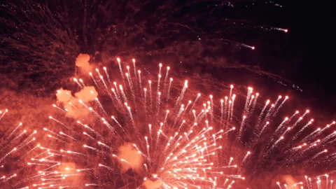 Firework Show. Amazing Bright Splashes Against Night Sky, Victory Day Salute Stock Footage 115198741
