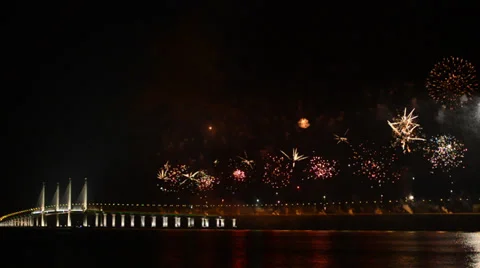 Firework show during the opening ceremony of Penang Second Bridge Stock Footage 35776575