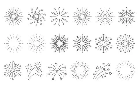 Firework sparkle sunburst boho beam black line set Stock Illustration