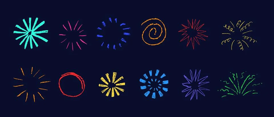 Firework, spiral, circle chalk kid drawing, brush strokes texture, vector col Stock Illustration
