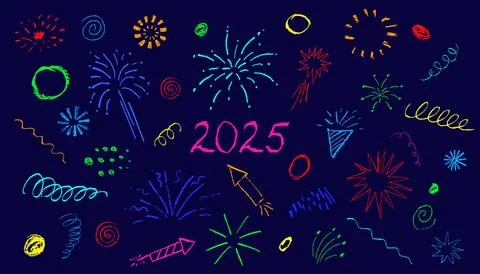 Firework, spiral, circles chalk kid drawings set, brush strokes texture, vect Stock Illustration