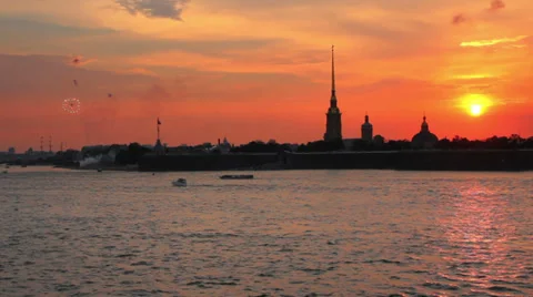 Firework at Sunset over Peter and Paul fortress in Saint-Petersburg Russia Stock Footage 32712666