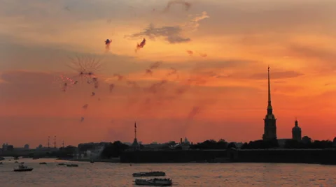 Firework at Sunset over Peter and Paul fortress in Saint-Petersburg Russia Stock Footage 32712789