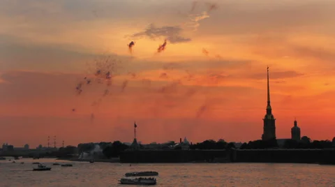 Firework at Sunset over Peter and Paul fortress in Saint-Petersburg Russia - Stock Footage 32712856