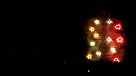 Firework tower burns during village feast. Stock Footage 49677695