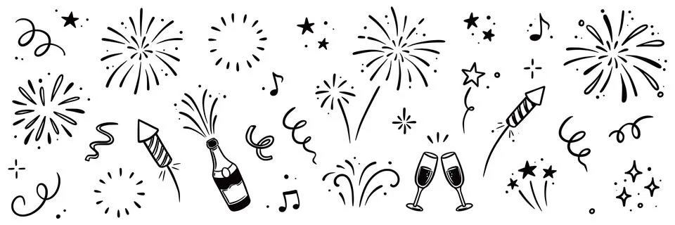 Firework vector new year set. Hand drawn background with doodle sparkler Stock Illustration