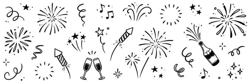 Firework vector new year set. Hand drawn background with doodle sparkler Stock Illustration
