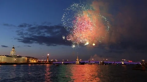 Firework.Rostral columns,Palace bridge,Peter and Paul fortress. Saint-Petersburg Stock Footage 75785084