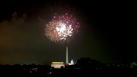 Fireworks on 4th July over Washington DC and the Mall Stock Footage