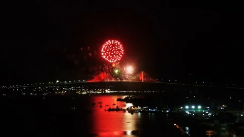 Fireworks above the bridge during New Year night at Natal Brazil Stock Footage 119822603
