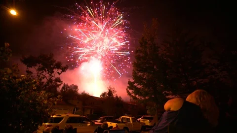 Fireworks above suburb Stock Footage 101140693