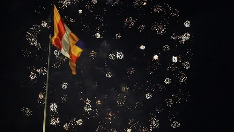 Fireworks and budhist flag Stock Footage 111964952