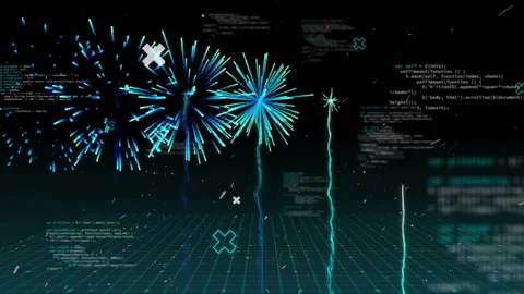 Fireworks and data processing animation over grid with coding elements Stock Footage 303739066