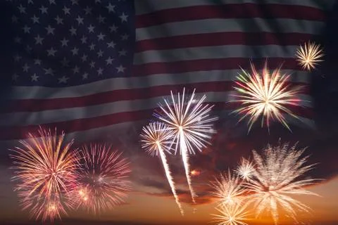 Fireworks and flag of America Stock Photos