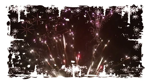 Fireworks behind high res snowflake grungy border Stock Footage