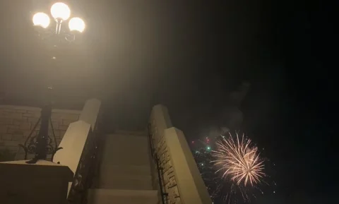 Fireworks beside old stone staircase Stock Footage 162861602