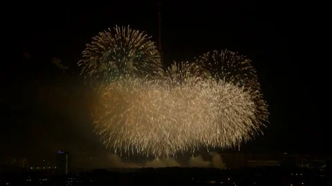 Fireworks big explosion tv tower on background Stock Footage 80998127