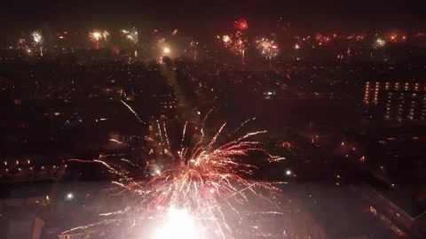 Fireworks Burst Up Close Drone Descent Celebrating City Stock Footage 337152519