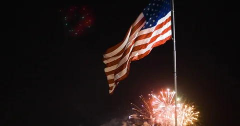 Fireworks Celebration With American Flag, Holiday, 4K Stock Footage