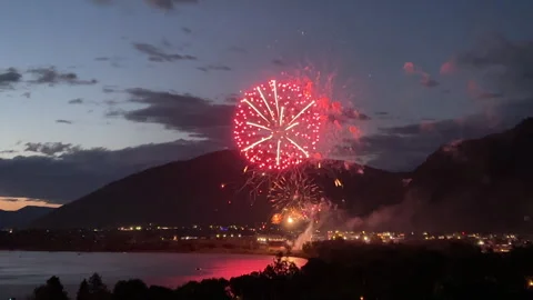 Fireworks celebration over small town in B.C, Kanloops, 4k Stock Footage 245309128