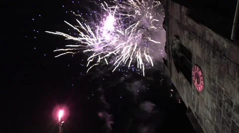 Fireworks church tower celebration Stock Footage 57235863