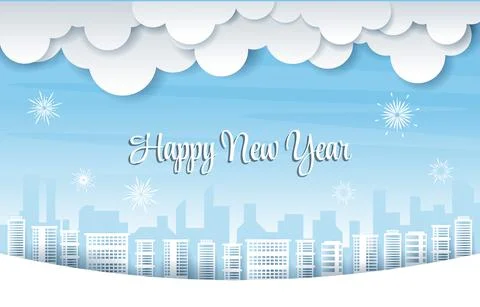 Fireworks City Building Cloud Winter New Year Paper Cut Illustration Ilustración de archivo