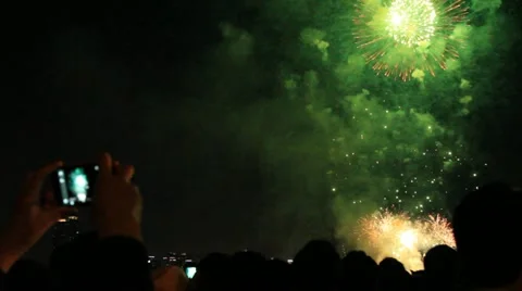 Fireworks, crowds and smartphone Stock Footage 12247528