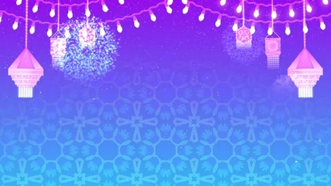 Fireworks, decorative elements, blinking lights on blue Neon colour backgroun Stock Footage 318475474