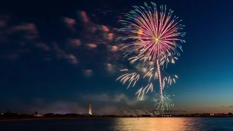 Fireworks display celebrating essential workers over Jones Beach State Park Stock Footage 155738380