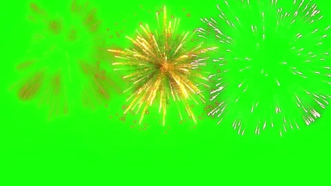 Fireworks display exploding against vibrant green night sky with bright sparks Stockbeeldmateriaal 345863824