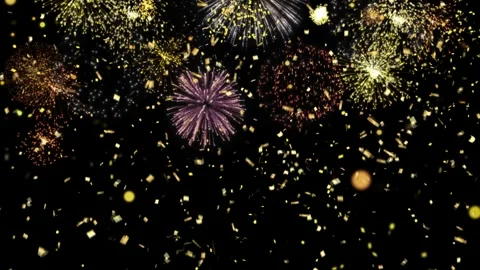 Fireworks display exploding in night sky with golden spark trails Stock Footage 345865009