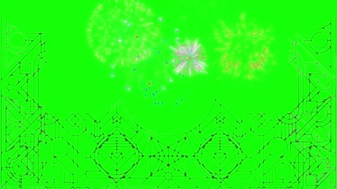 Fireworks display with geometric frame overlay on green screen background for Stock Footage 344927935
